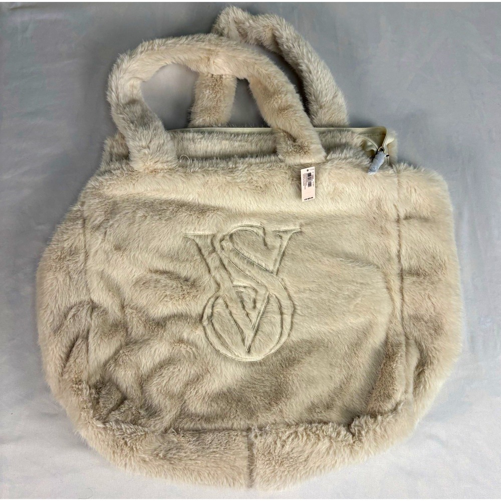 Victoria's Secret Gray Faux Fur Logo Tote Bag Large Zip Closure NWT
